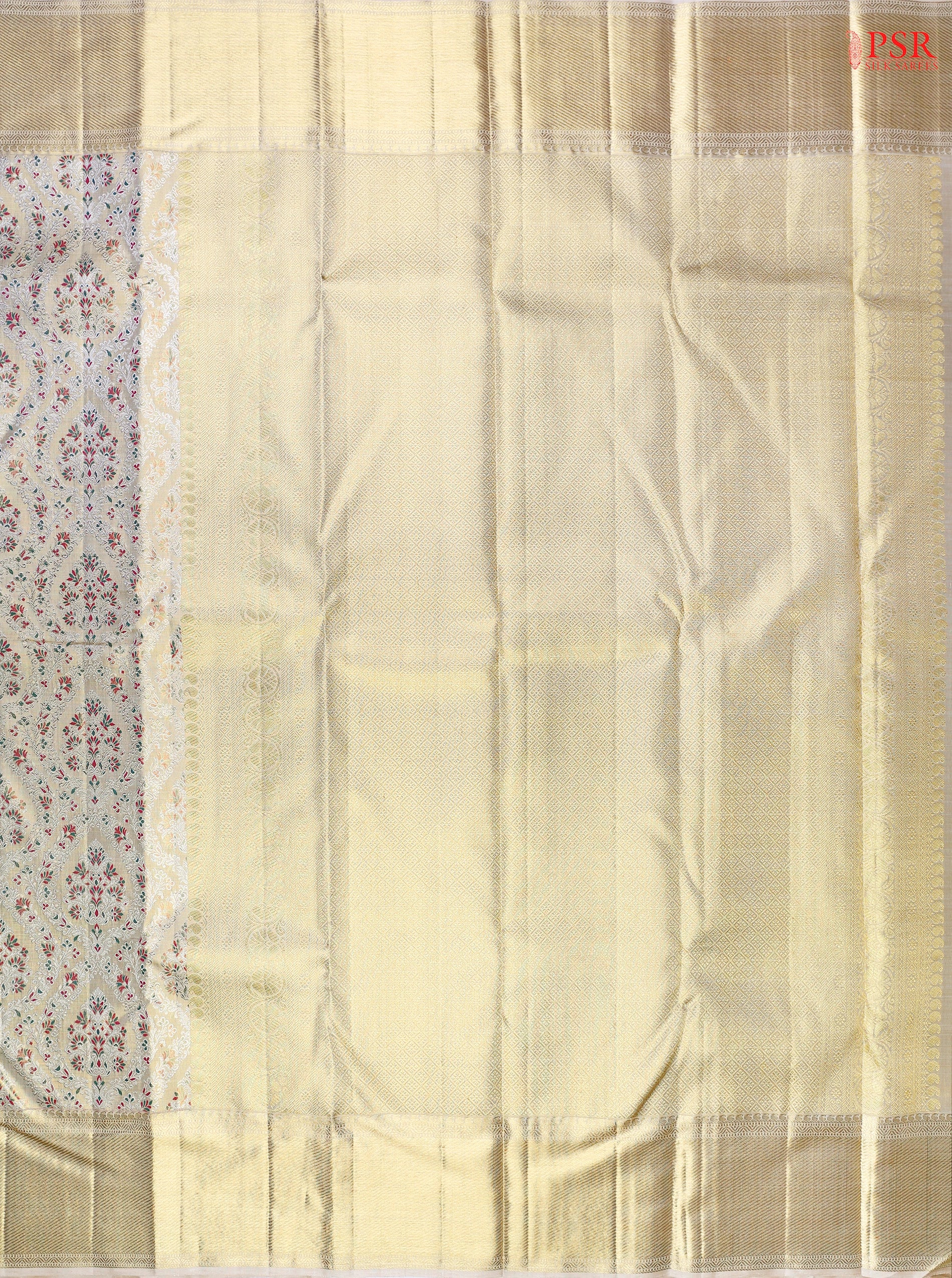 Golden Beige Kanchipuram Bridal Tissue Silk Saree with Silver Zari Floral Ogee Pattern, Green & Maroon Threads, Rich Zari Pallu & Border – PSR Silks