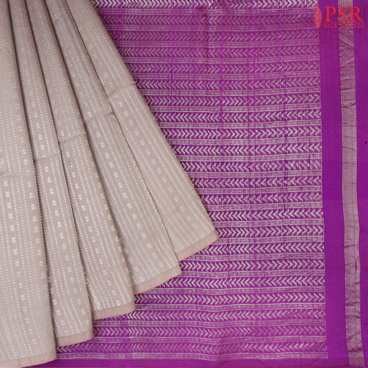 Grey Jute Soft Silk Saree with silver zari jacquard stripes, rich Purple pallu, and matching plain blouse