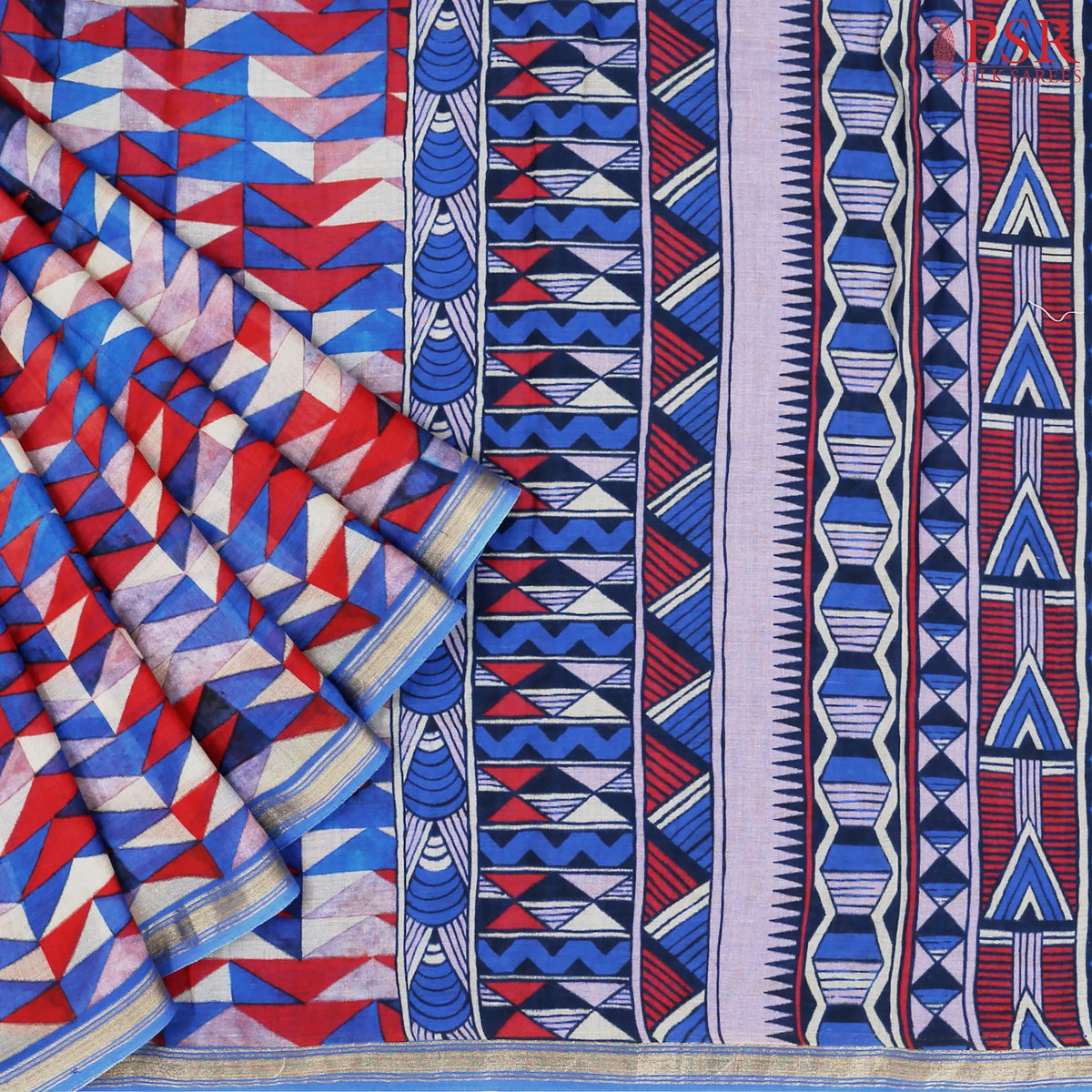 Blue & Red Mul Printed Cotton Saree