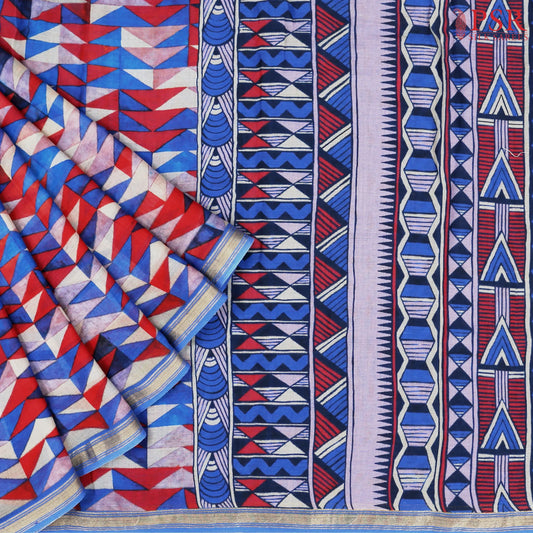 Blue & Red Mul Printed Cotton Saree