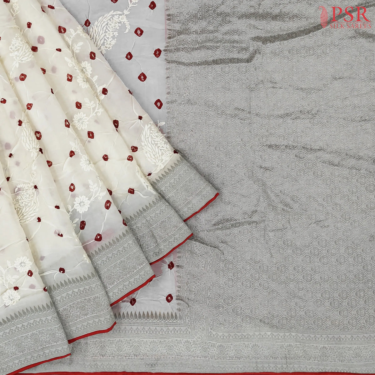 Floral Beige Crushed Bandhini Saree