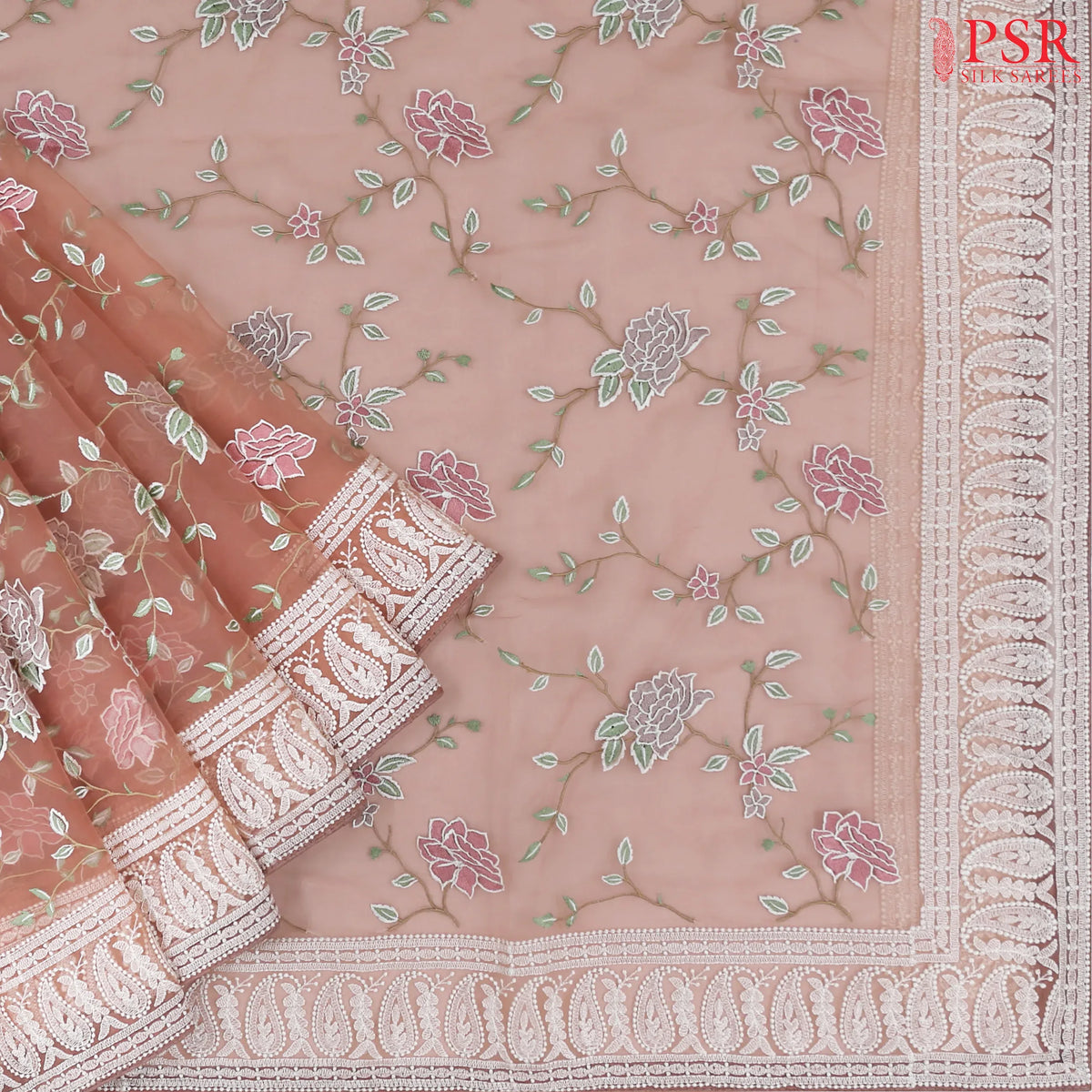 Coral Organza Embroidery Saree