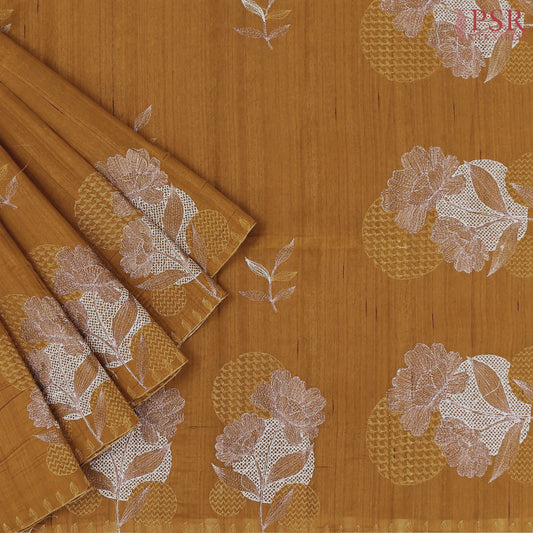 Dark Mustard Kosa Embroidery Saree