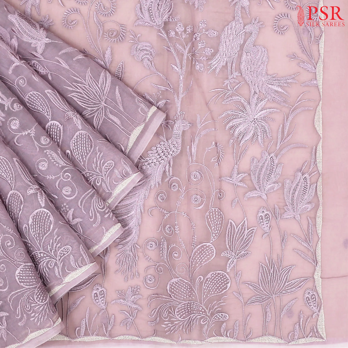 Lilac Purple Organza Embroidery Saree