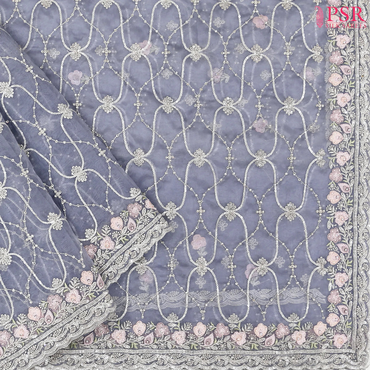 Deep Periwinkle Organza Laser Embroidery Saree