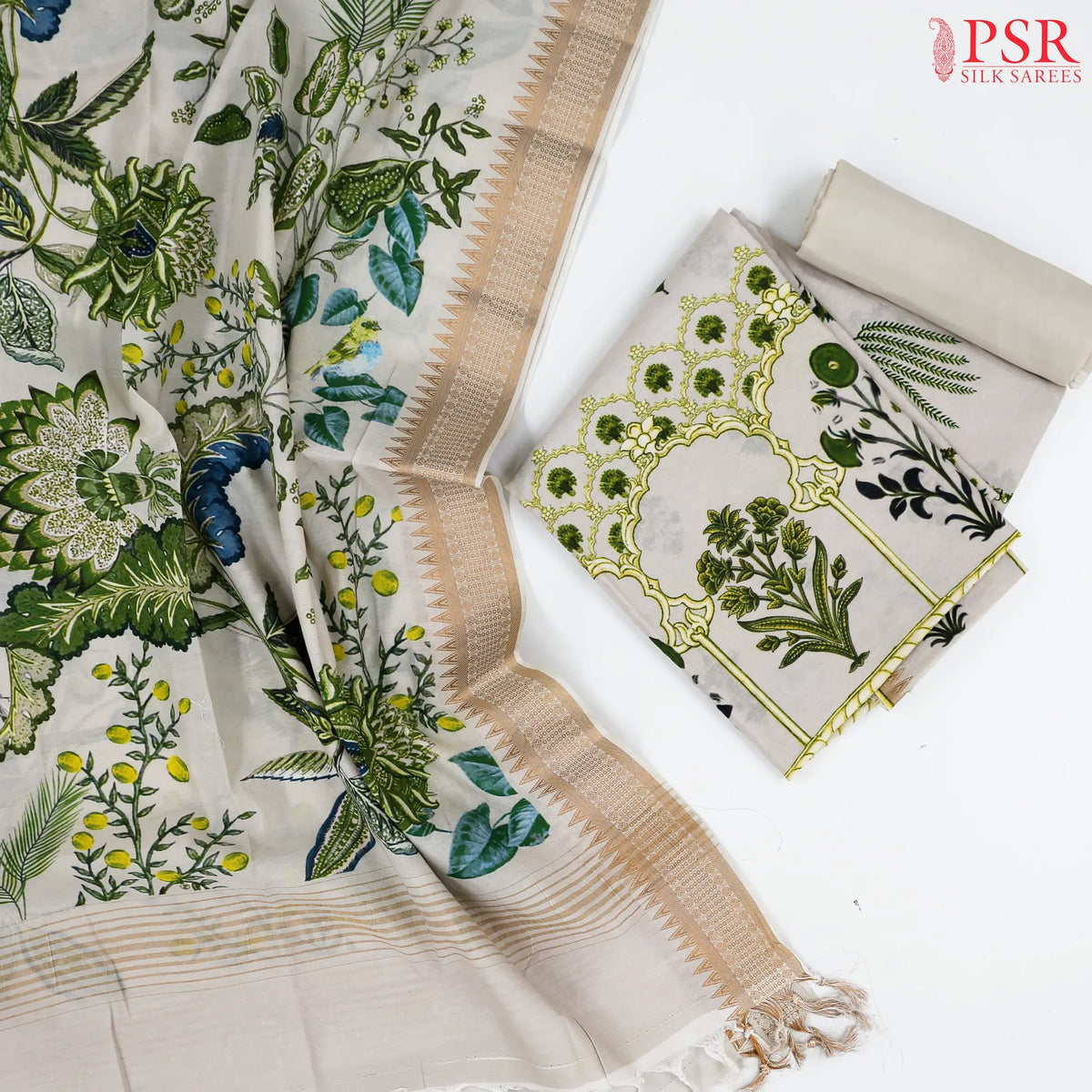 Milky Pail & Green Pure Cotton Dress Material