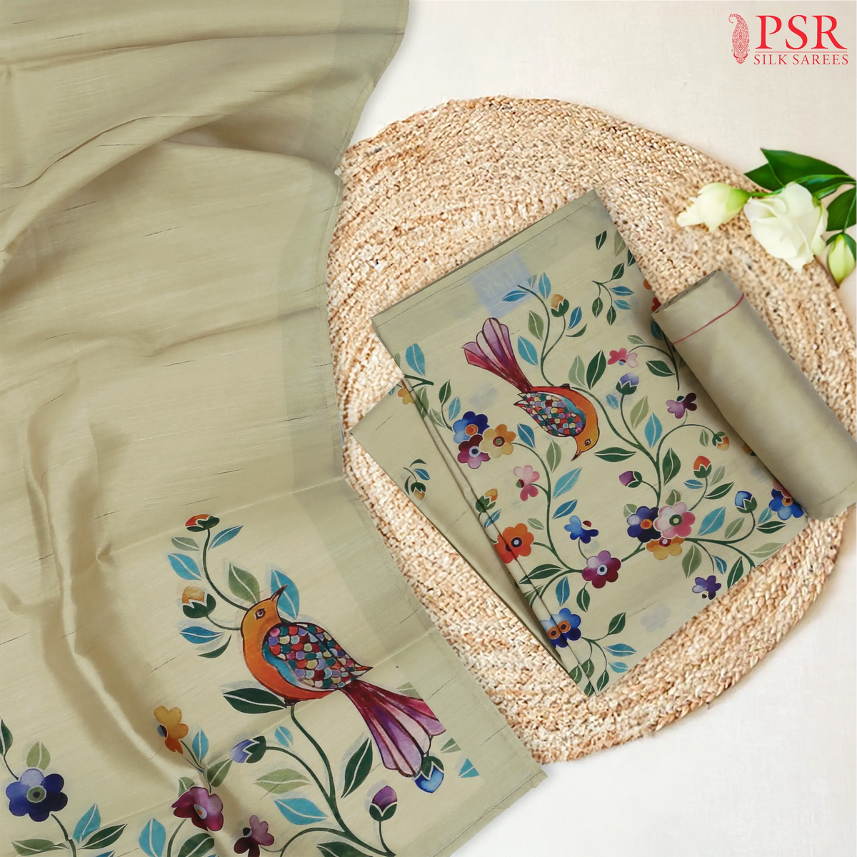 Yellowish Beige Semi Dupion Dress Material
