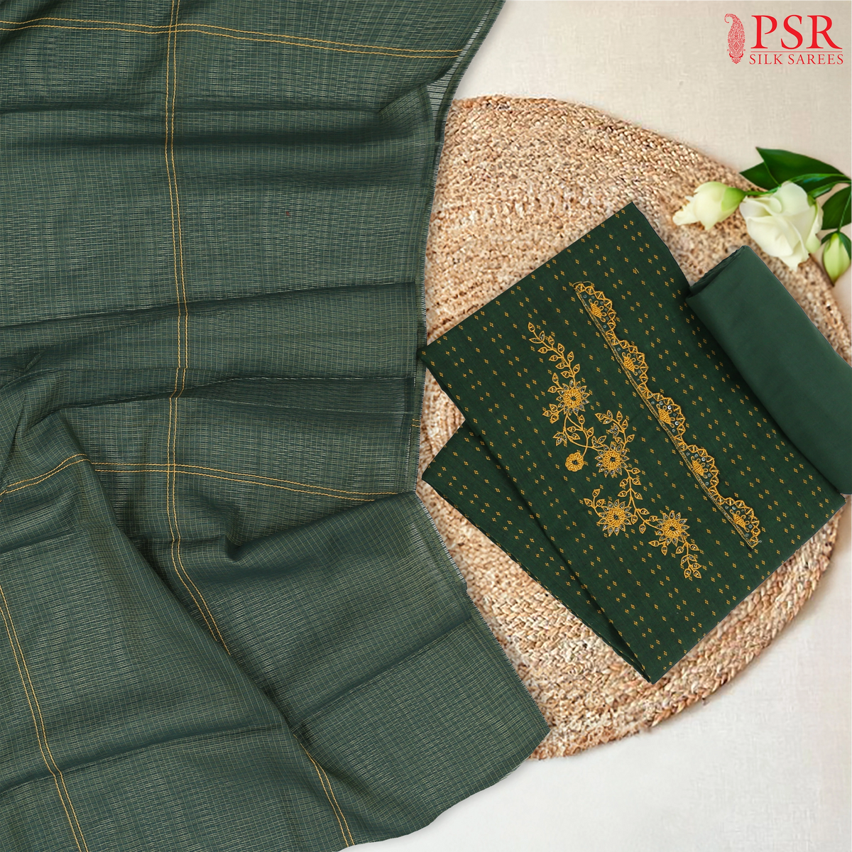 Dark Green Cotton Dress Material