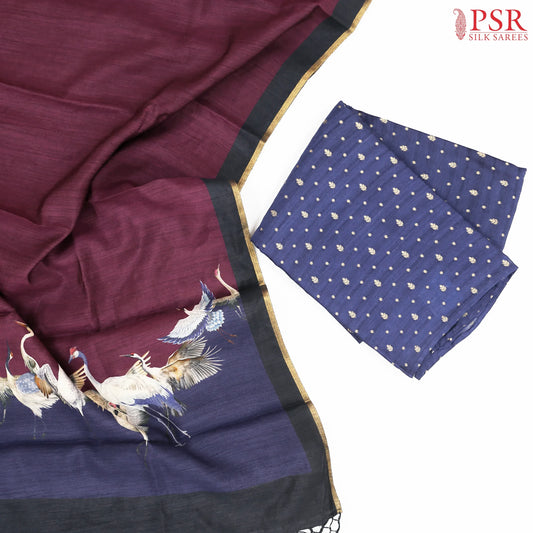 Dark Blue Tussar Silk Dress Material