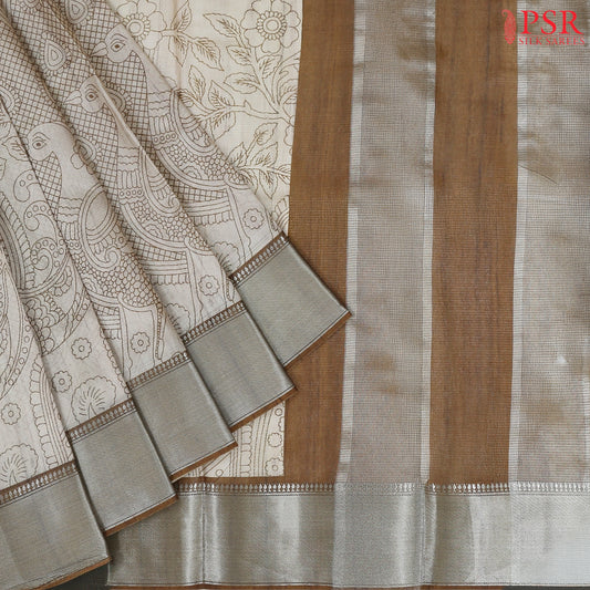 Beige & Olive Tan Tissue Dupion Saree
