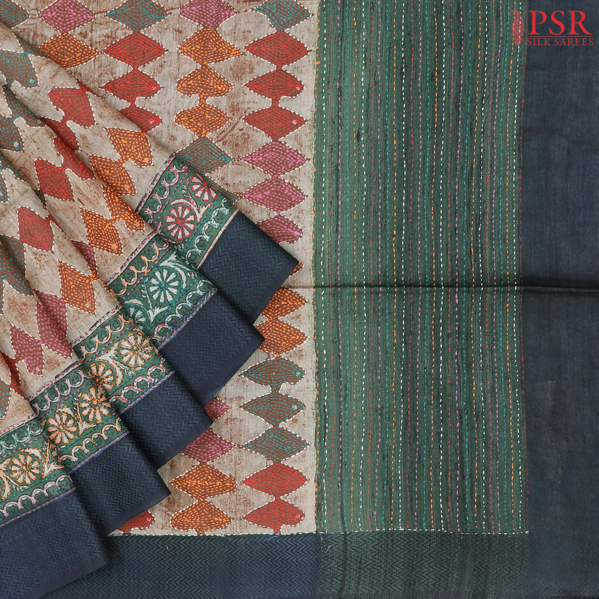 Old Beige & Bottle Green Kadhi Tussar Silk Saree