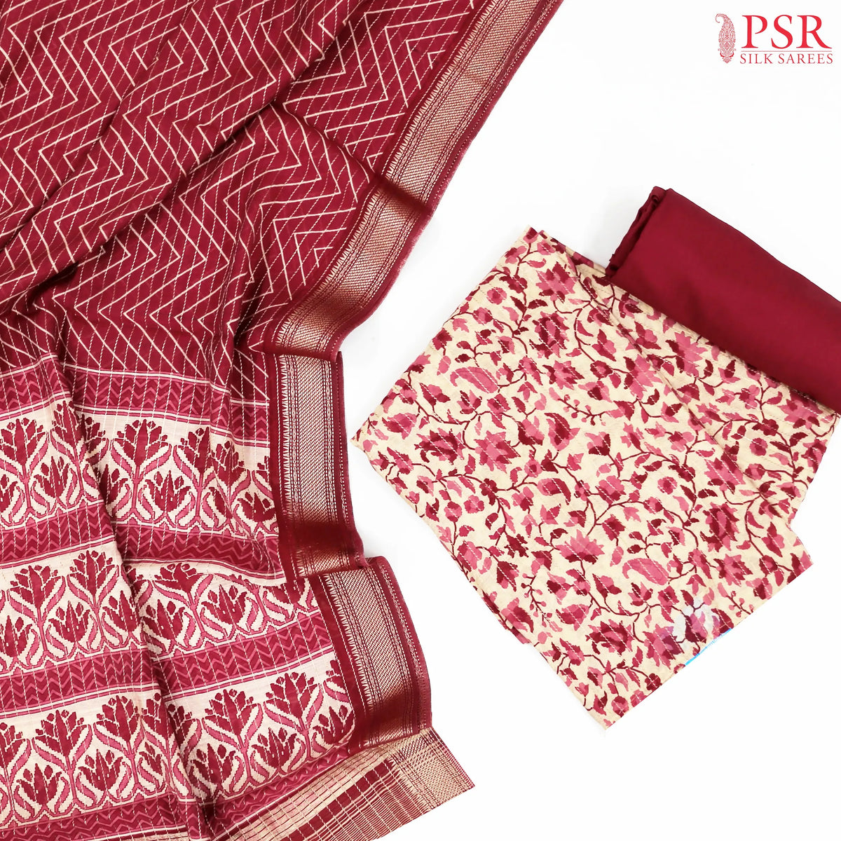 Beige & Maroon Assam Silk Dress Material