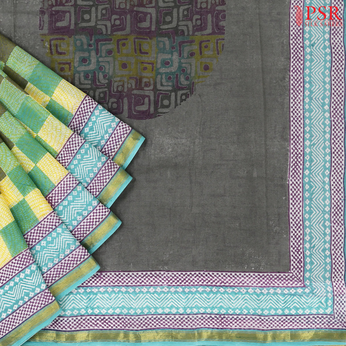 Yellow & Green Mul Printed Cotton Saree