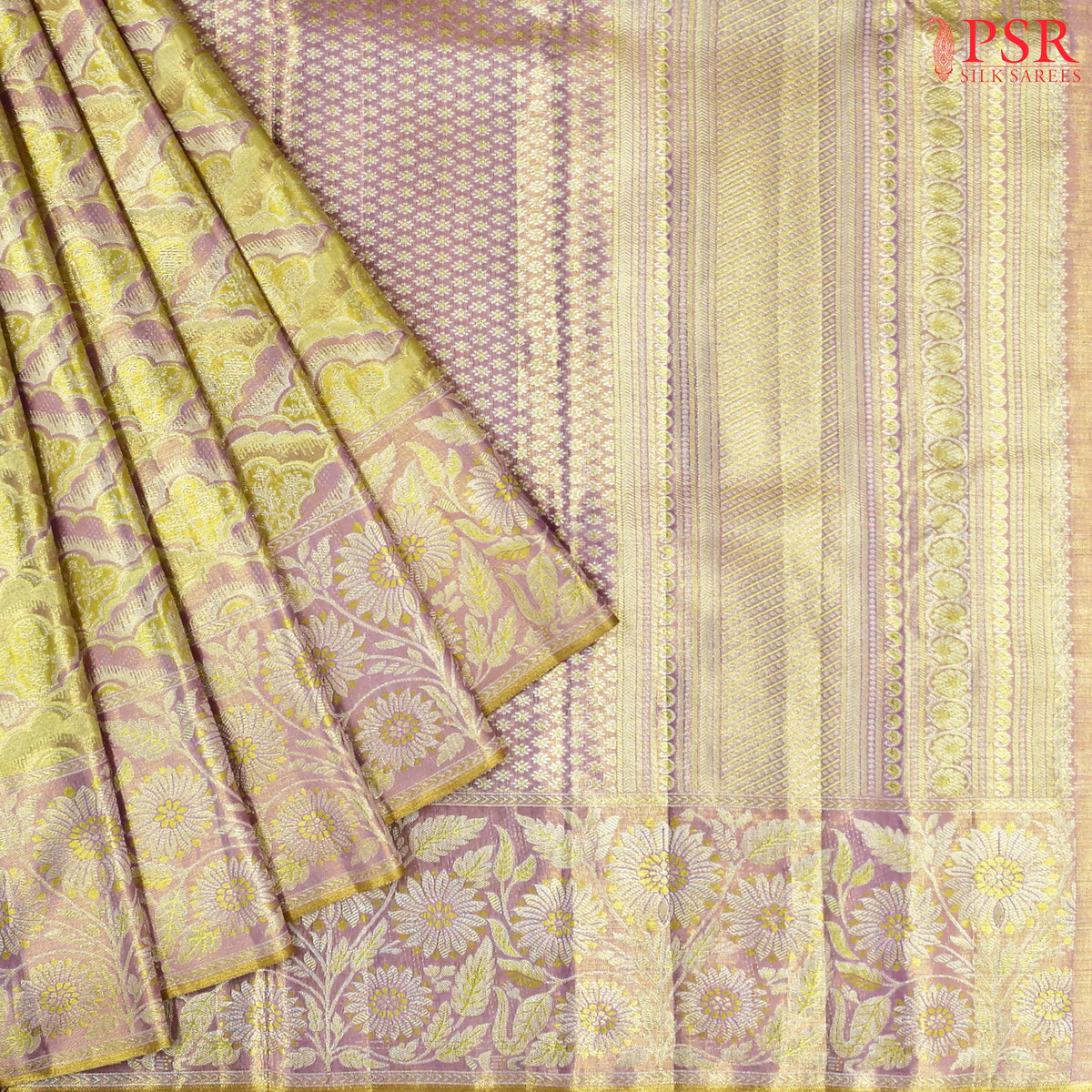 Golden Olive & Light Purple Kanchipuram Tissue Silk Saree
