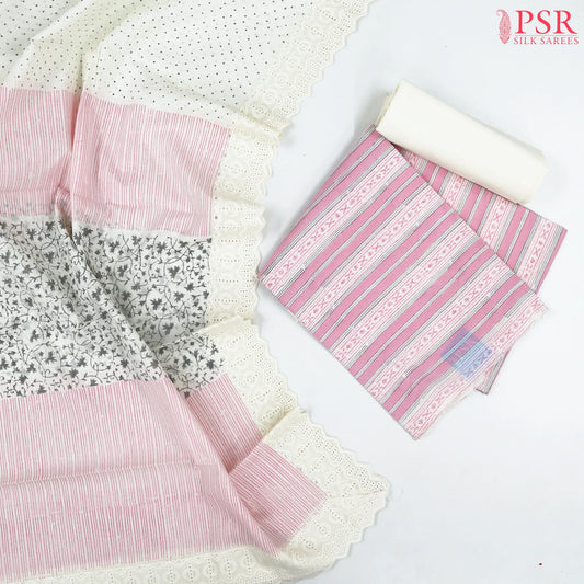 Cream White & Light Pink Cotton Dress Material