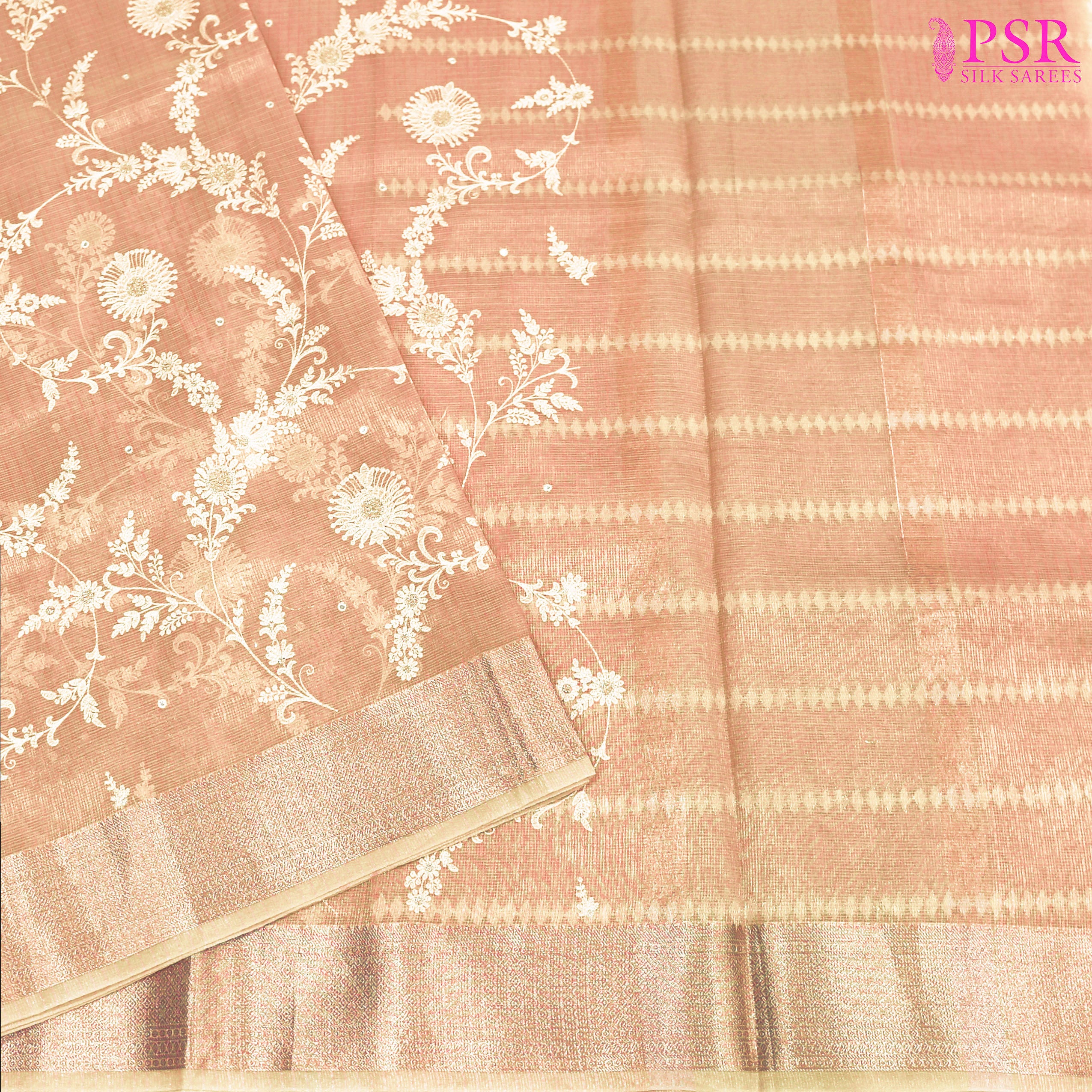 Light Melon Pink Tissue Embroidery Saree