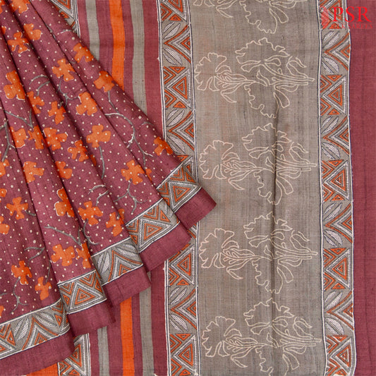 Dark Onion Pink Kadhi Tussar Silk Saree