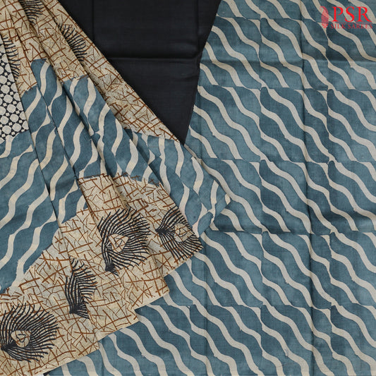 Beige & Grey Blue Tussar Silk Saree