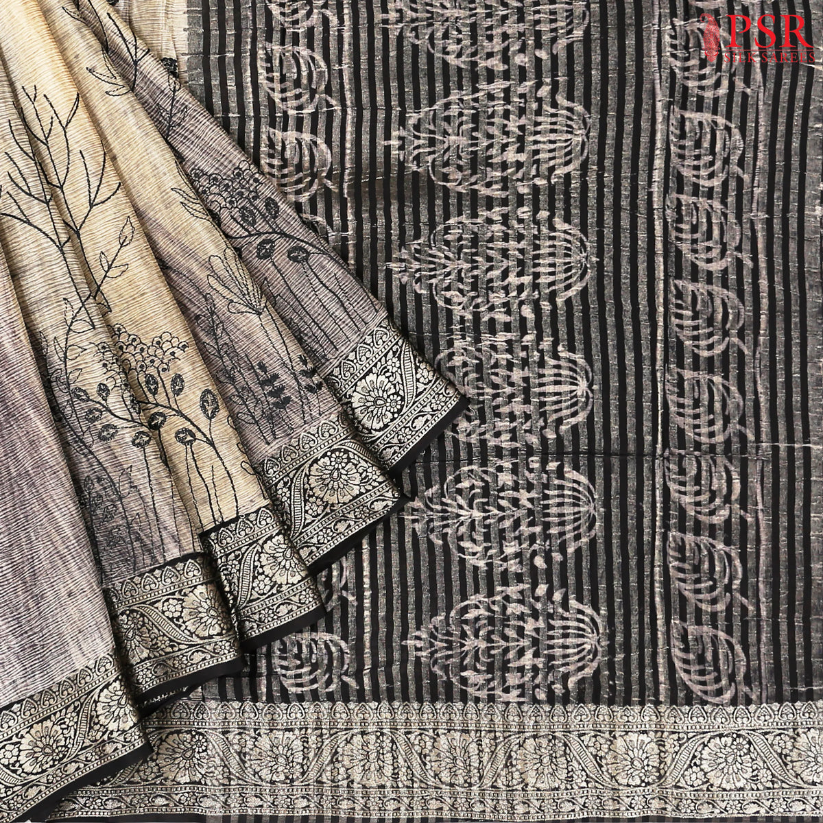 Beige & Black Semi Crape Saree