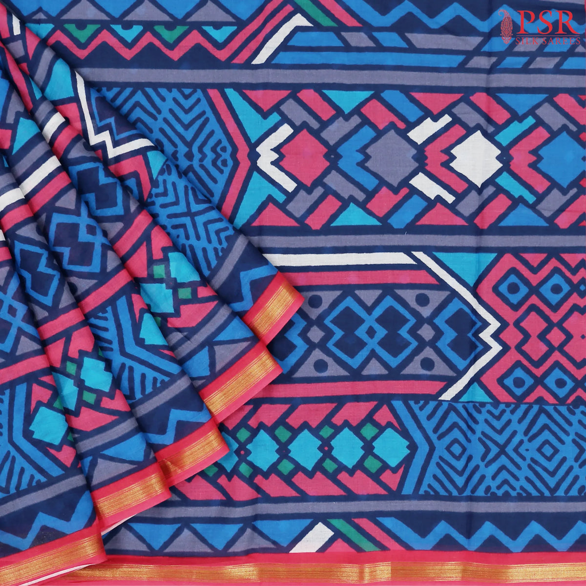 Dark Blue Mul Mul Printed Cotton Saree