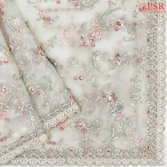 Pastel Beige Organza Laser Embroidery Saree