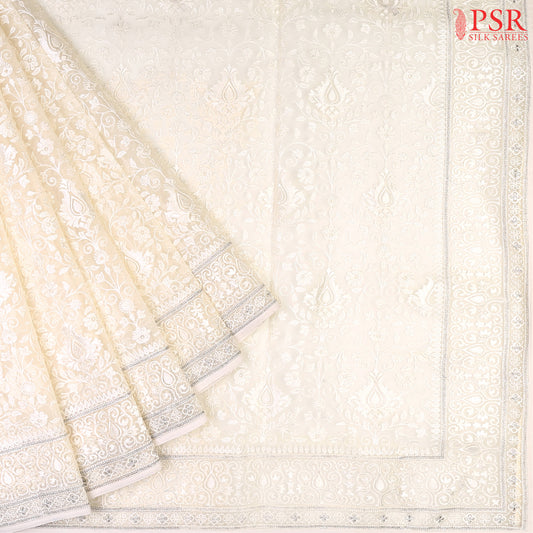 Cream Beige Organza Embroidery Saree