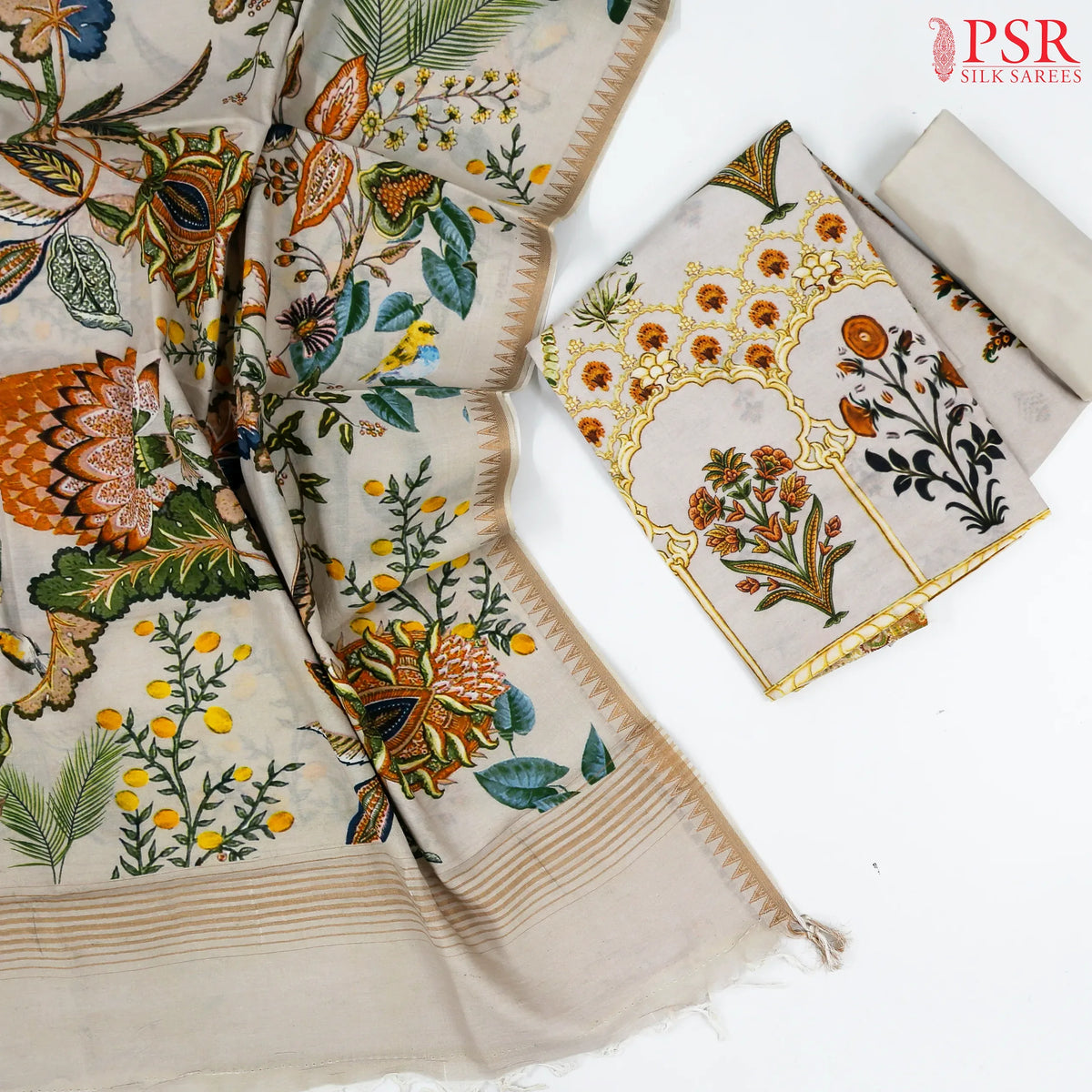 Milky Pail & Orange Pure Cotton Dress Material