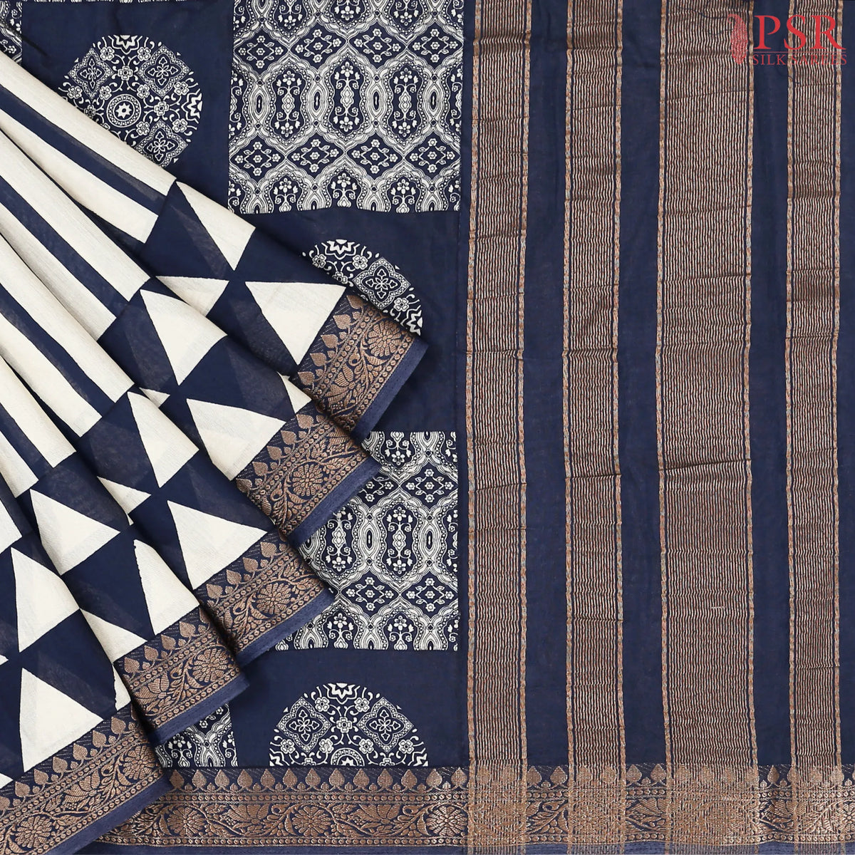 Beige & Dark Blue Chanderi Silk Cotton Saree
