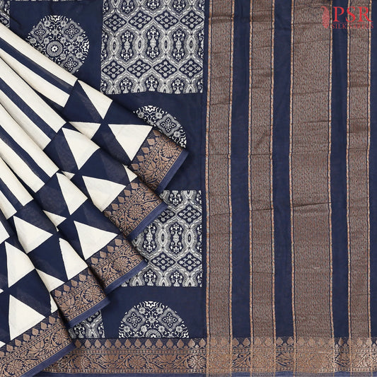 Beige & Dark Blue Chanderi Silk Cotton Saree