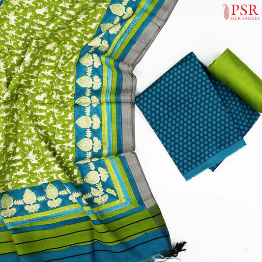 Peacock Blue Semi Pashmina Dress Material