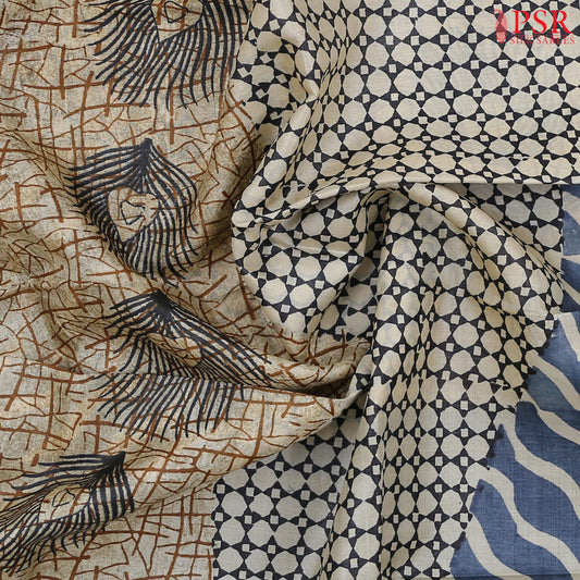 Beige & Grey Blue Tussar Silk Saree