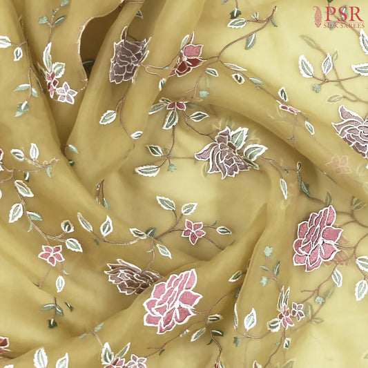Flax Yellow Organza Embroidery Saree