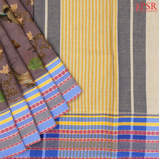 Dark Mauve Printed Cotton Saree