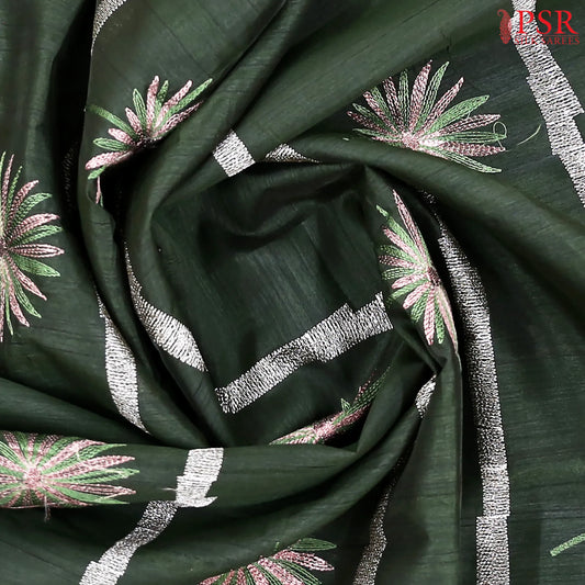 Dark Olive Green Kosa Embroidery Saree