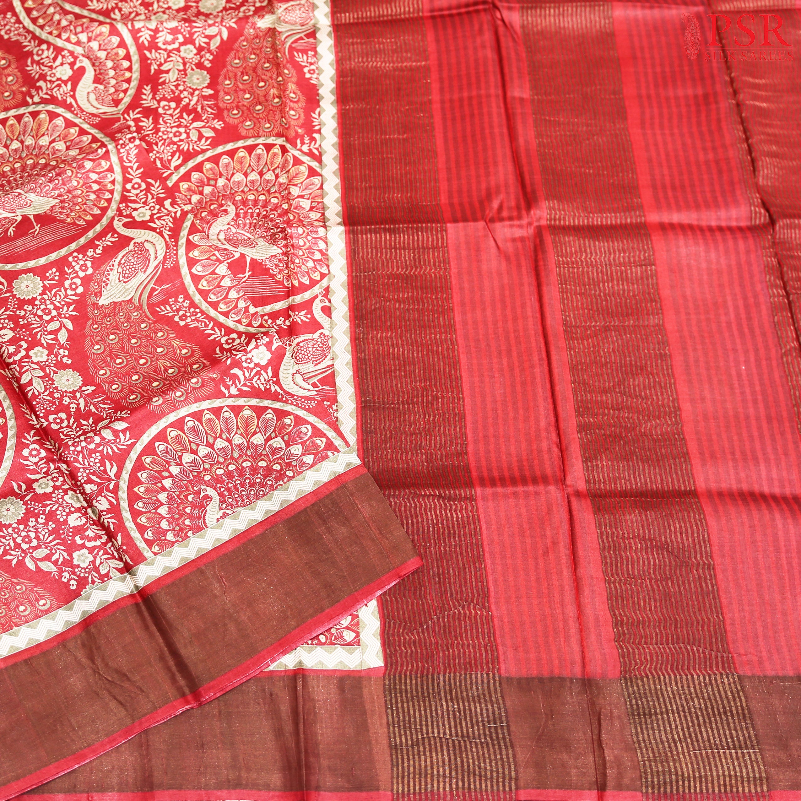 Crimson Red Kadhi Tussar Silk Saree
