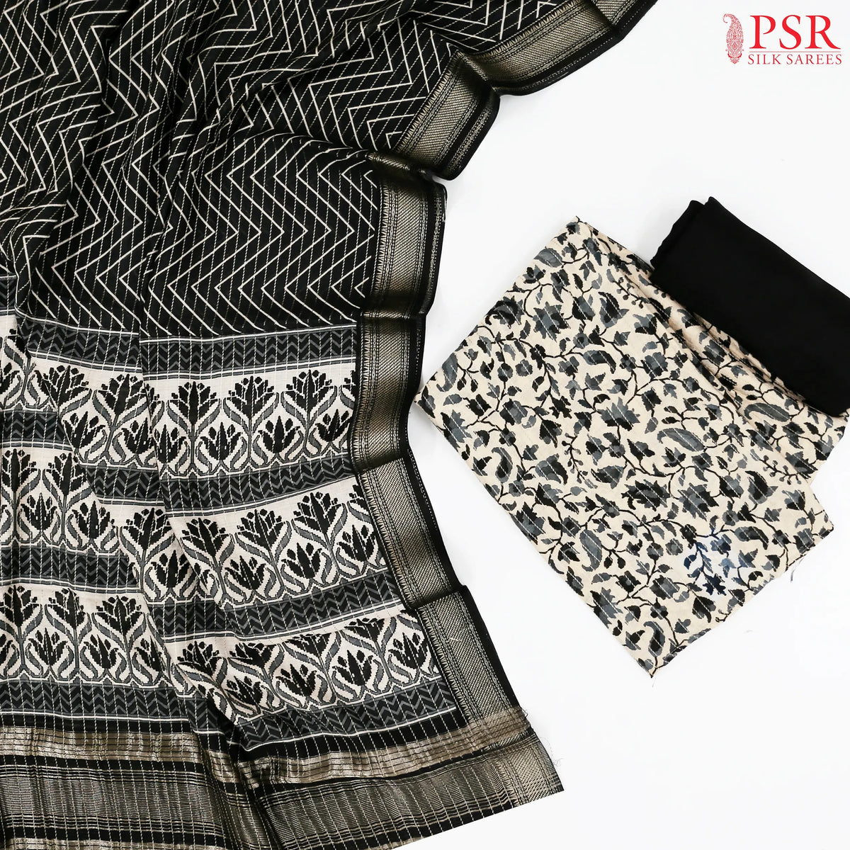 Beige & Black Assam Silk Dress Material