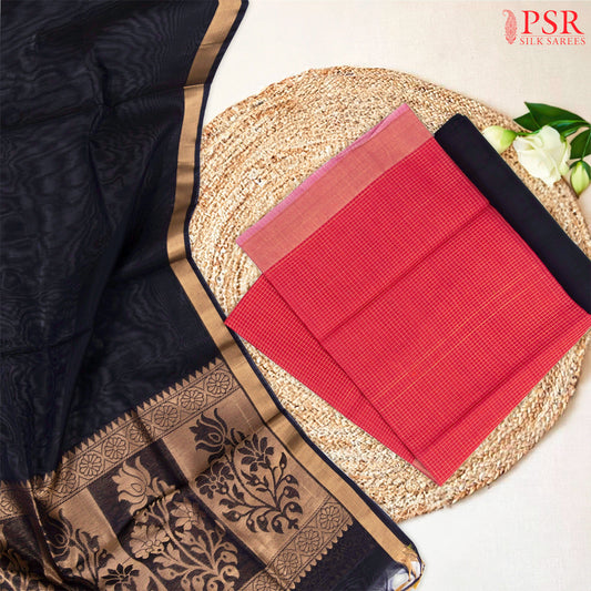 Cerise & Black Silk Cotton Dress Material