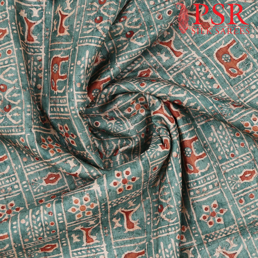 Dark Turquoise Semi Tassar Print Running Material