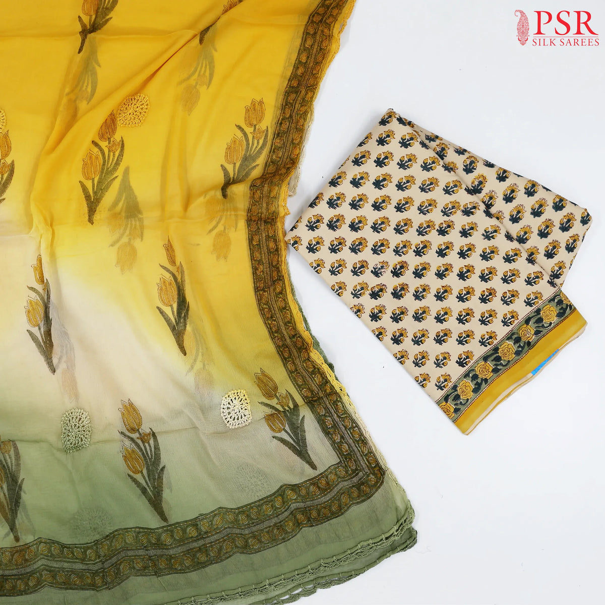 Beige Yellow Pure Cotton Dress Material