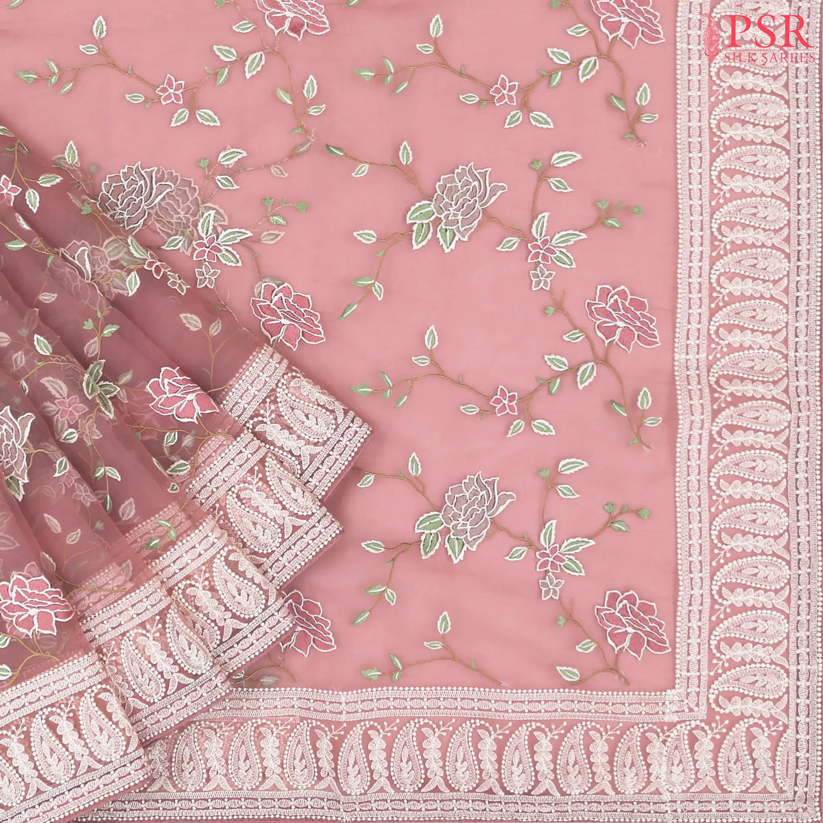 Flamingo Pink Organza Embroidery Saree