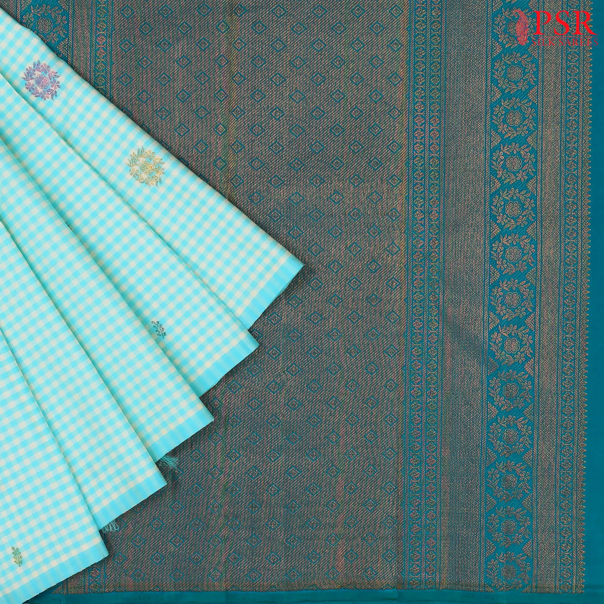 Off White & Light Blue Kanchipuram Silk Saree