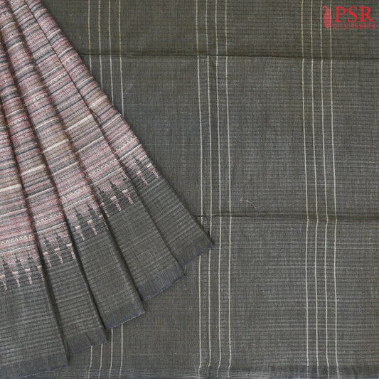 Multicolor Stripes and Charcoal Grey Semi Moonga Saree