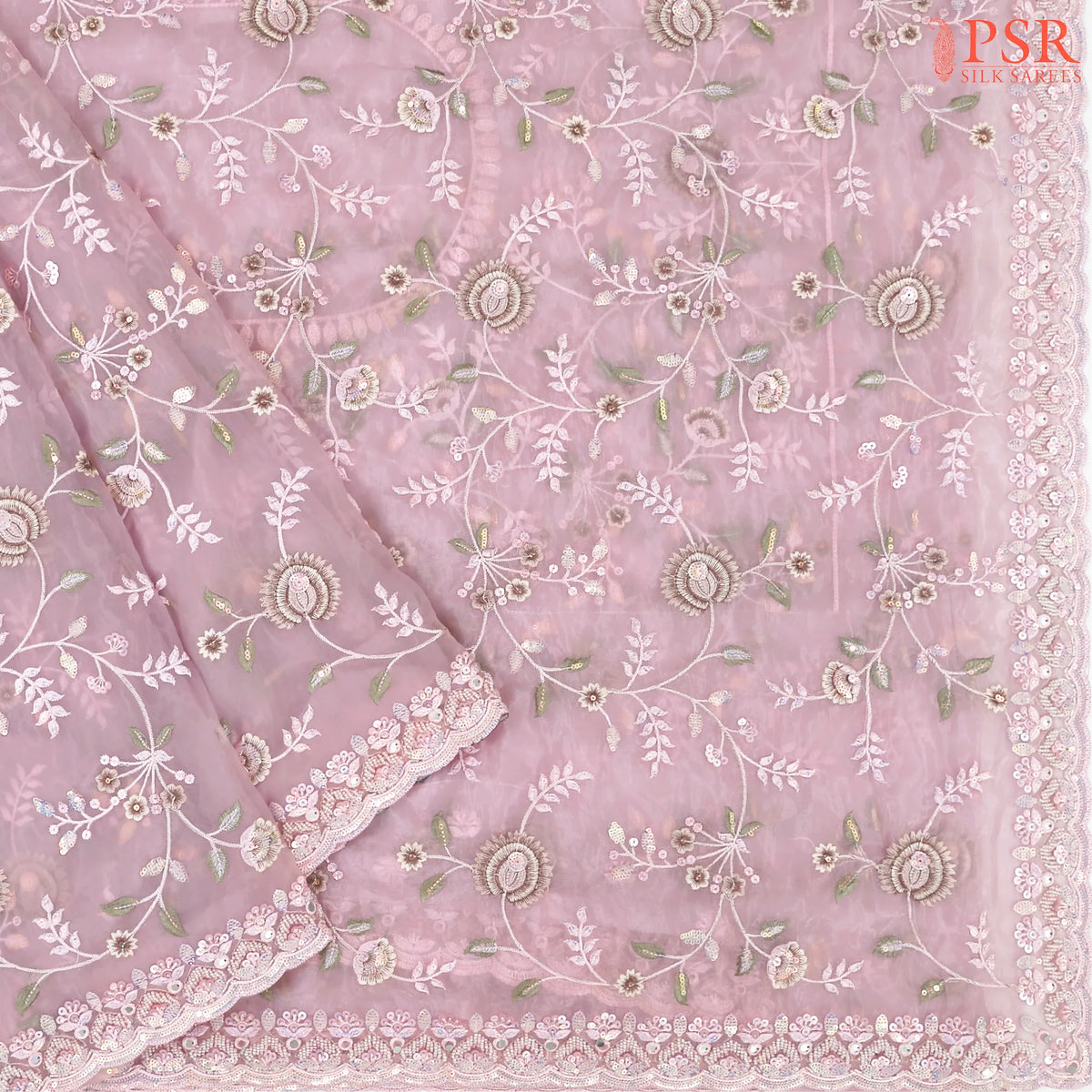 Pastel Pink Organza Laser Embroidery Saree