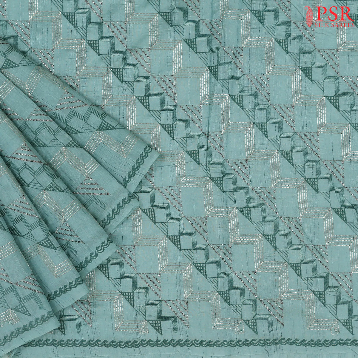 Mint Blue Semi Tussar Embroidery Saree