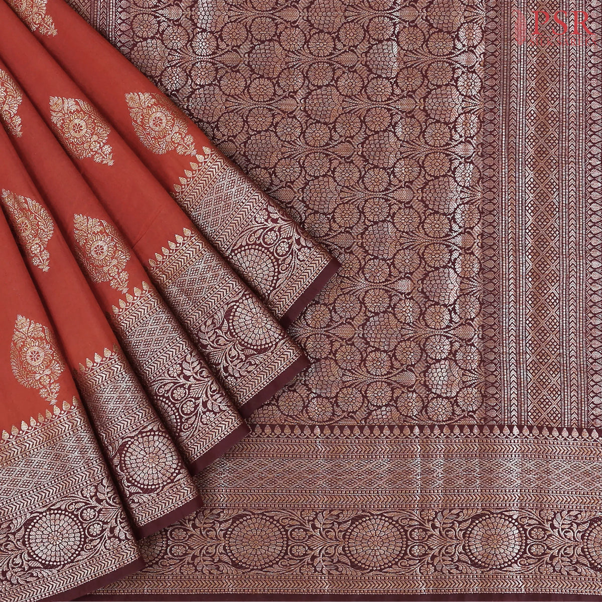 Rust Red Raw Silk Banaras Saree