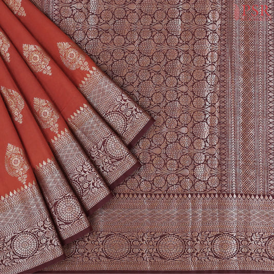 Rust Red Raw Silk Banaras Saree