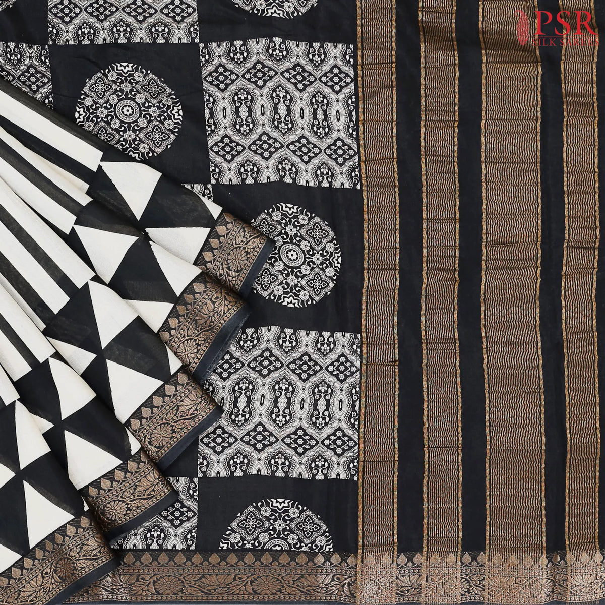 Beige & Black Chanderi Silk Cotton Saree