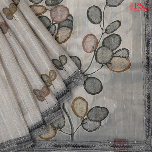 Grey Tissue Embroidery Saree