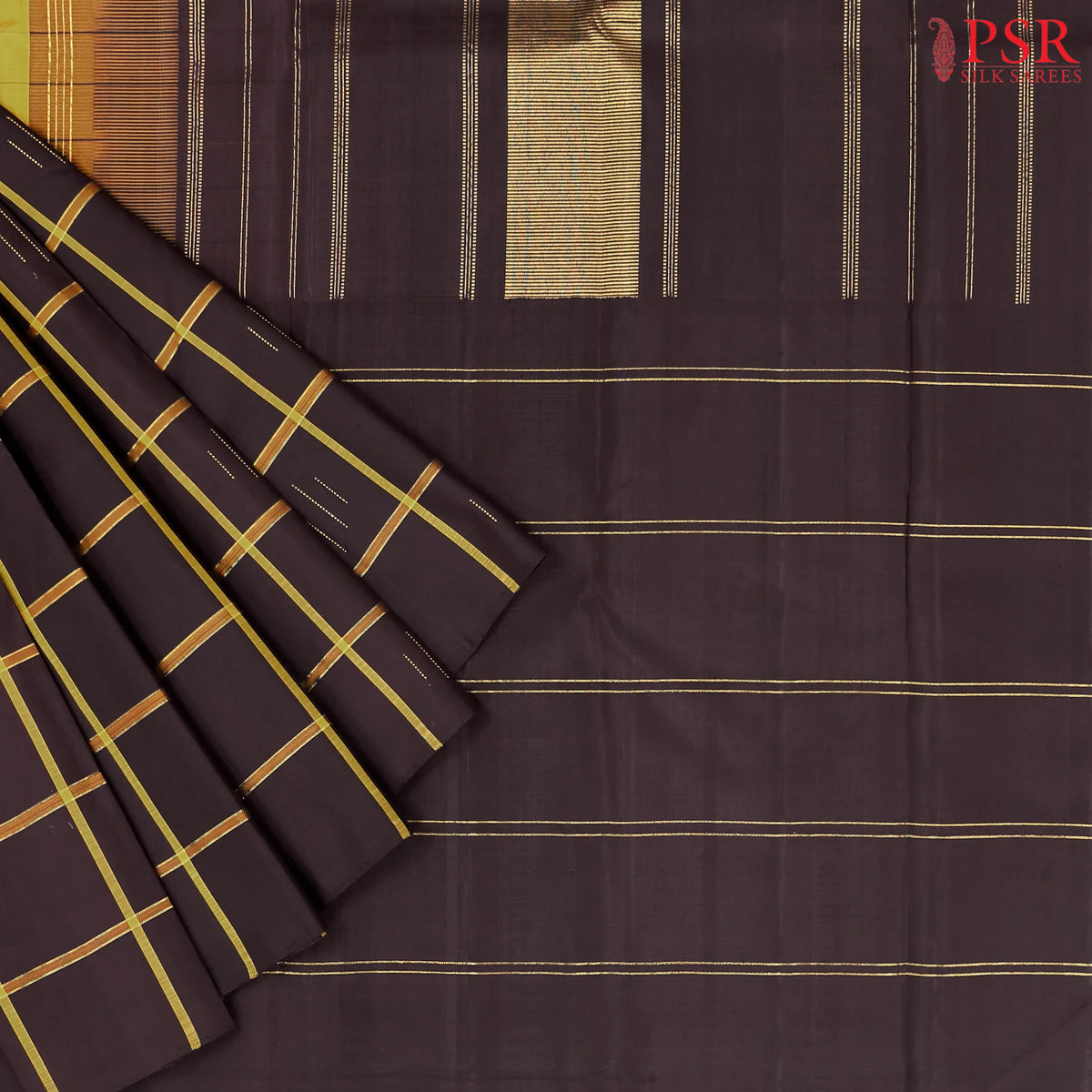 Amber Yellow & Brown Kanchipuram Silk Saree