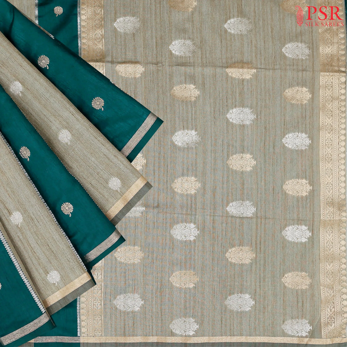 Teal & Taupe Grey Tussar Kadi Saree